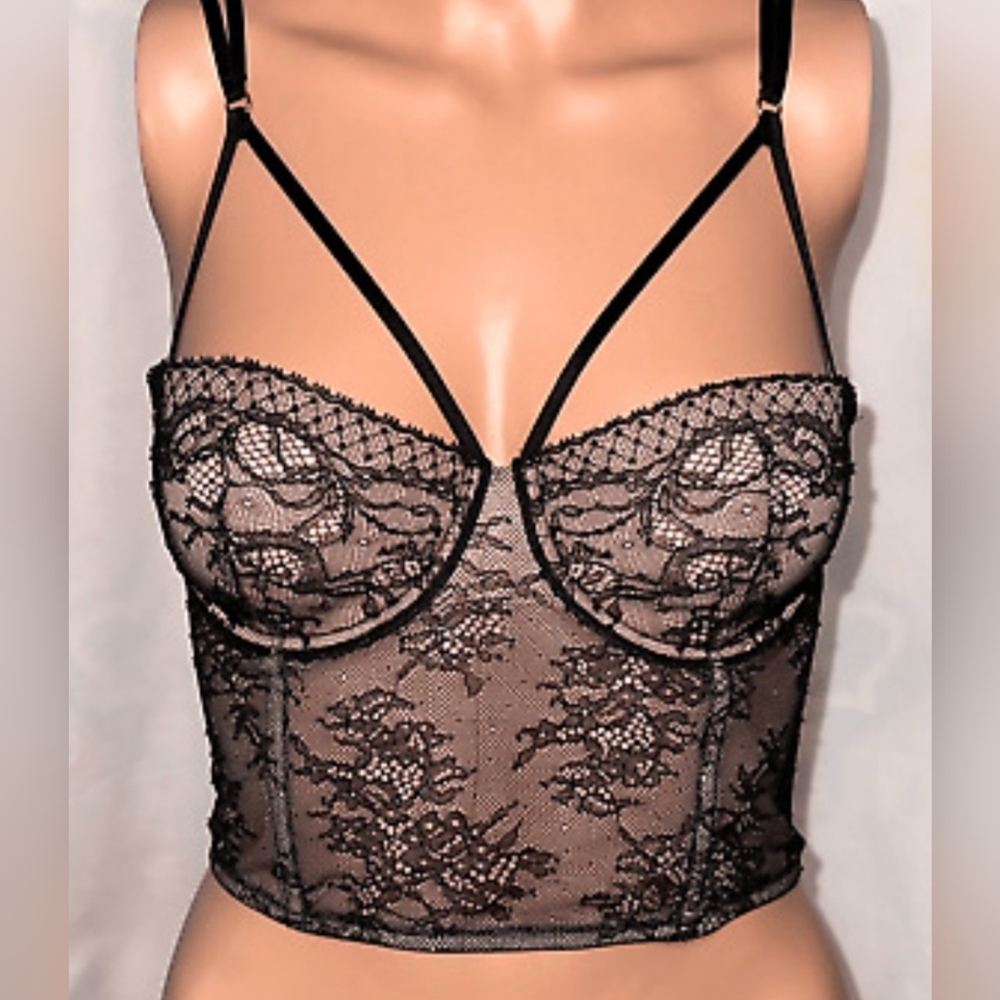 VICTORIA SECRET BLAXK LACE BUSTIER BRA CORSET SIZE 32 C